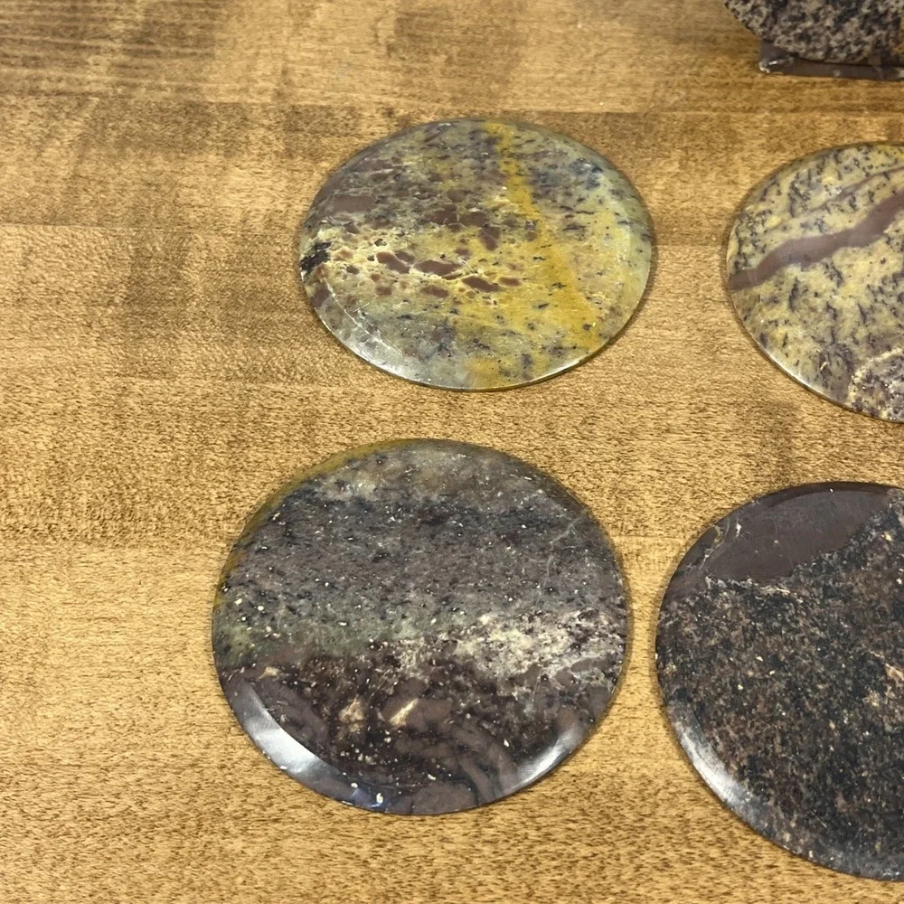 Vintage Marble Floral Mother of Pearl Inlay Coasters Set of 6 W/ Holder